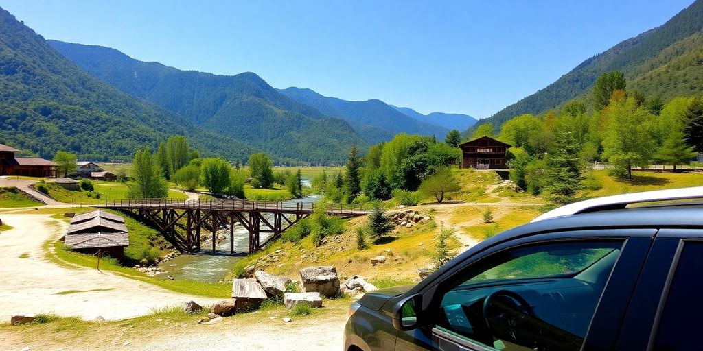Rental car parked in picturesque Swat Valley scenery.