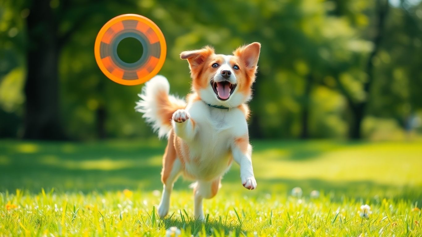 Dog catching a frisbee in a park