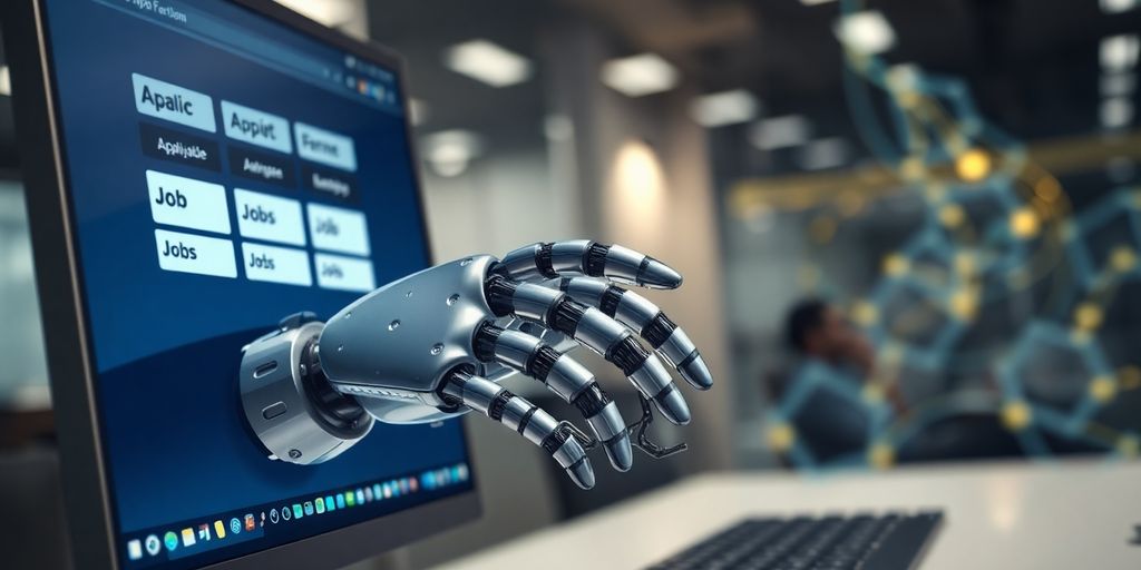 Robot hand applying for jobs online.