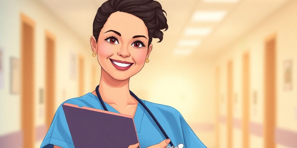 Nurse smiling, holding a clipboard.