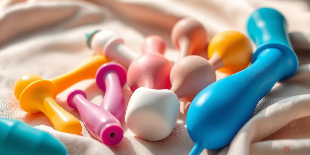 Assortment of vibrant, affordable sex toys arranged aesthetically.