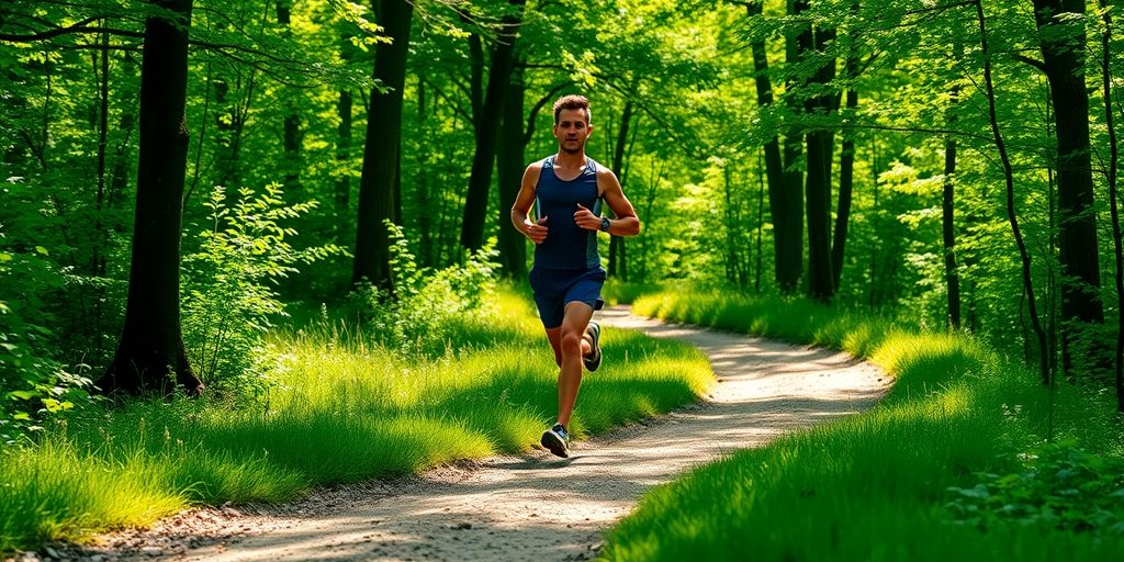 Runner on a scenic path, sunlit morning.