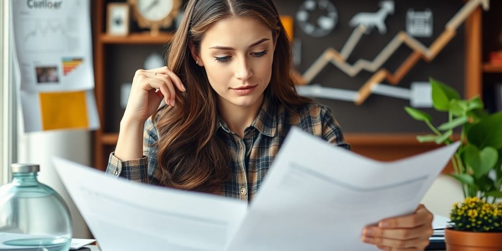 Woman planning financial future of online boutique.