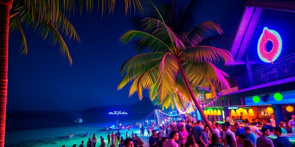 Nightlife in Phuket with lively beach parties and bars.