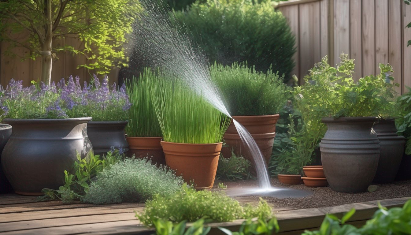 watering herbs in a UK garden