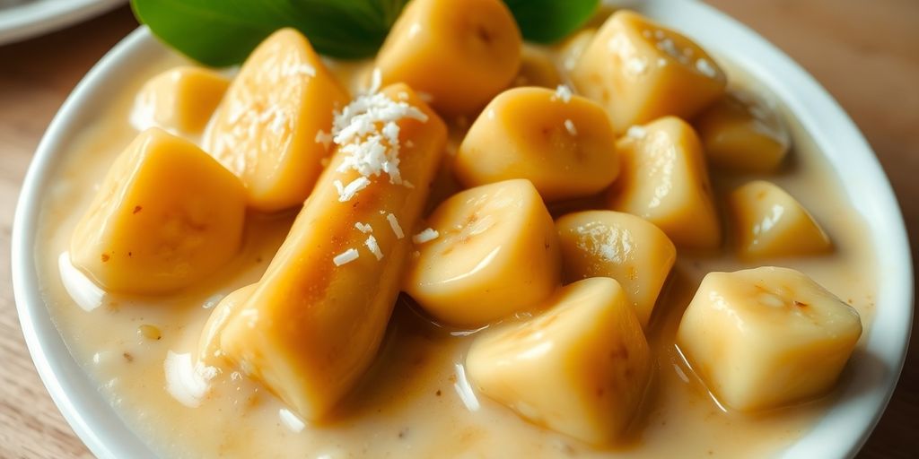 กล้วยบวชชีในชามสวยงามและน่ารับประทาน