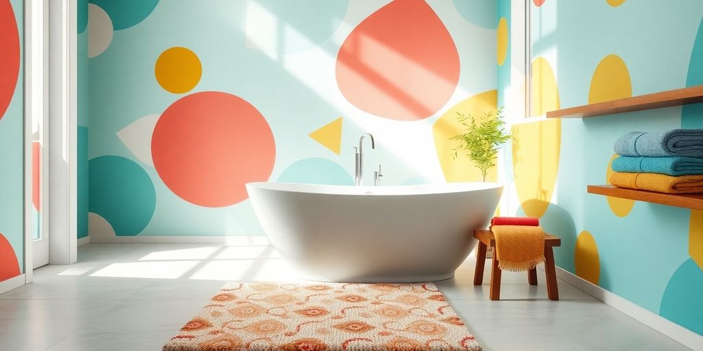 Modern bathroom with playful colors and patterns.