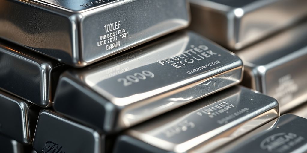 Lingots d'argent brillant sous une lumière dorée.