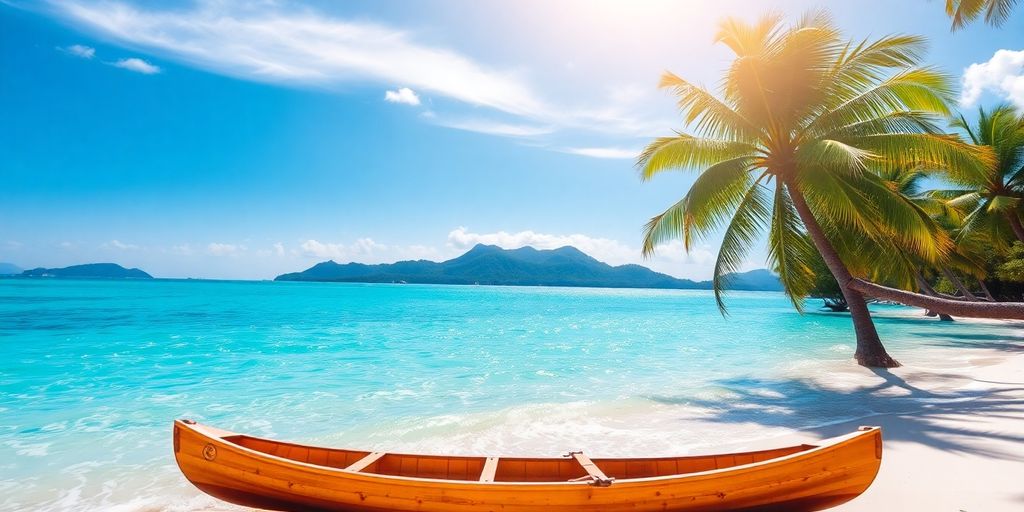 Tropical island beach, clear turquoise water, distant green mountains.