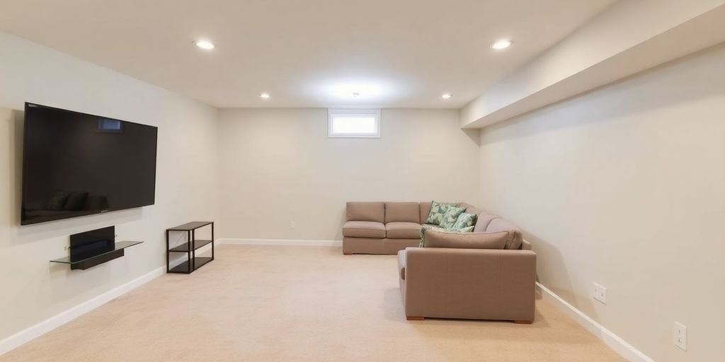 Finished basement interior with modern furniture and lighting.