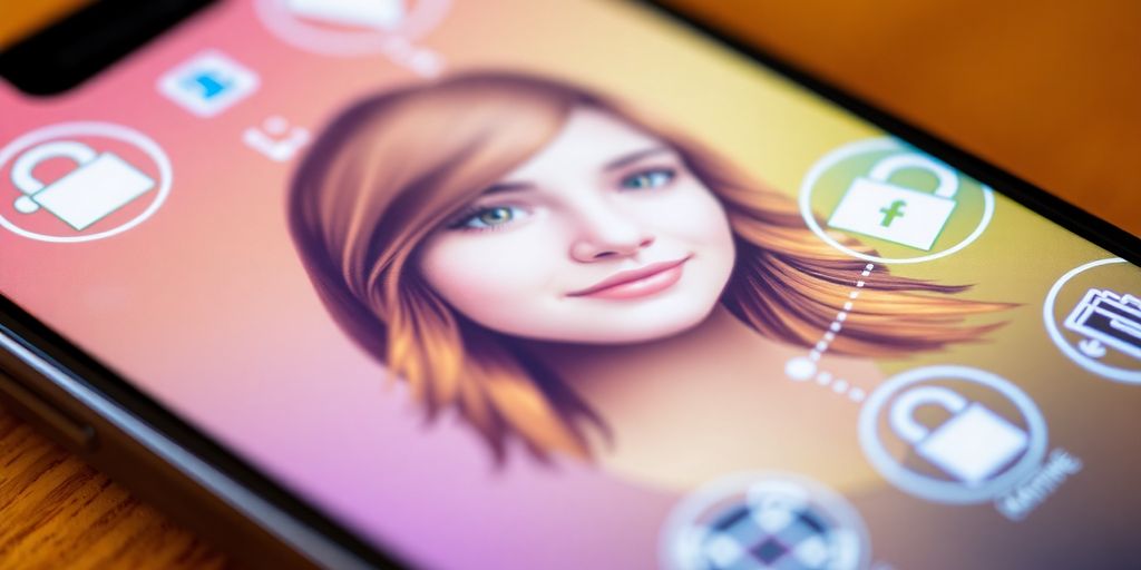 Smartphone showing a teen profile with colorful digital icons.