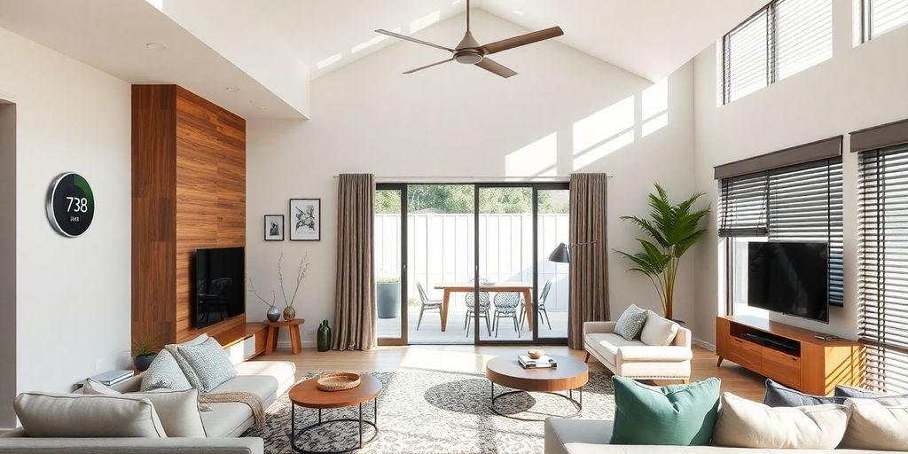 Connected home devices in a bright Australian living room.