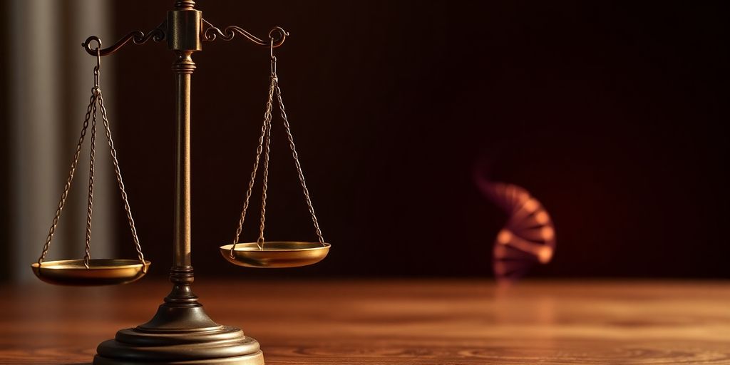 Courtroom scales balanced with DNA helix.