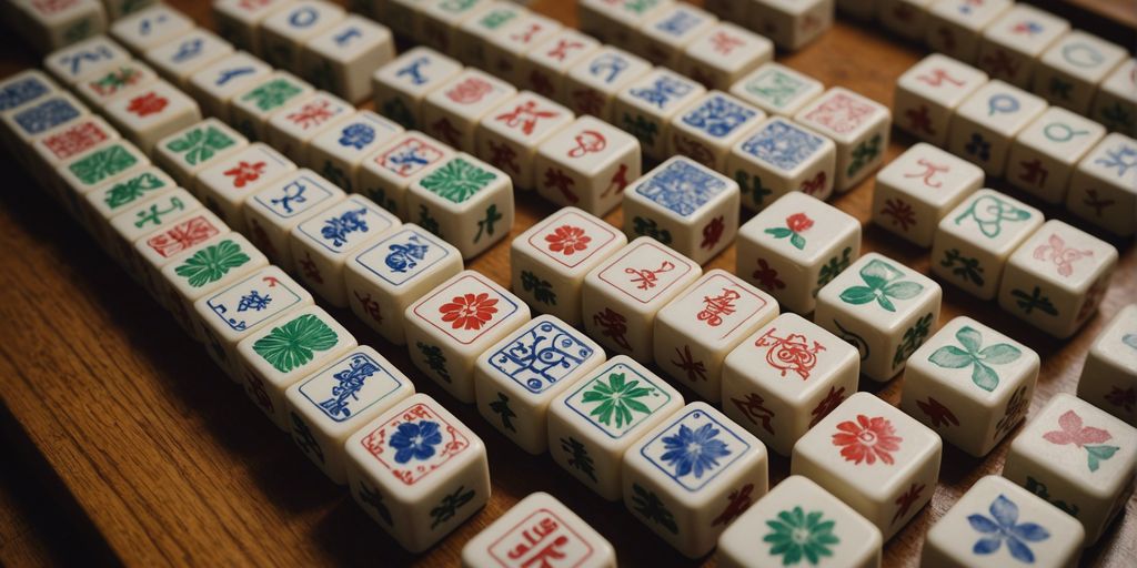 A variety of Mahjong tiles including bamboo, characters, and circles, arranged on a traditional wooden table.