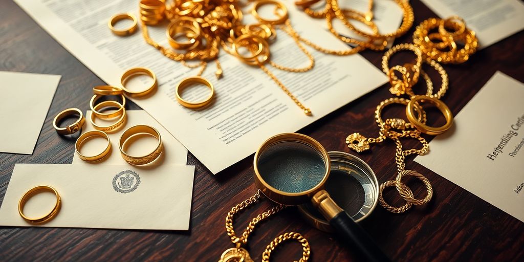 Bijoux en or, papiers officiels, et loupe sur une table en bois.