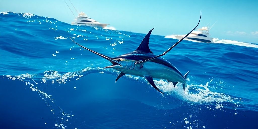 Marlin jumping from blue ocean water near Cabo.