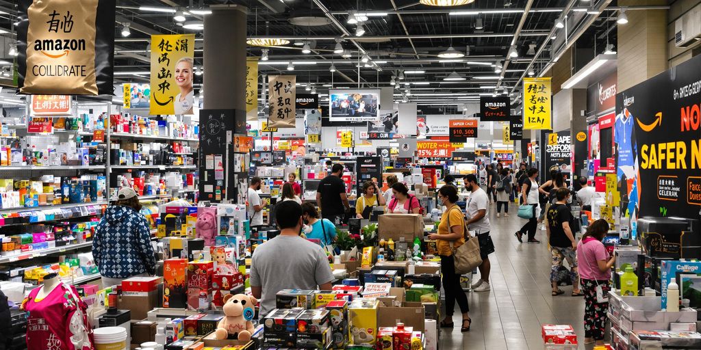 Diverse marketplace with products and engaged customers.