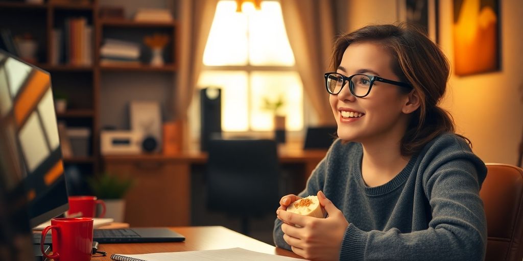 Person enjoying a treat in a cozy workspace after work.