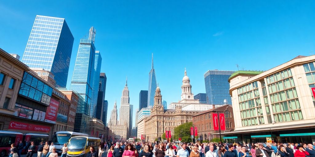 Bustling UK city skyline and diverse crowds