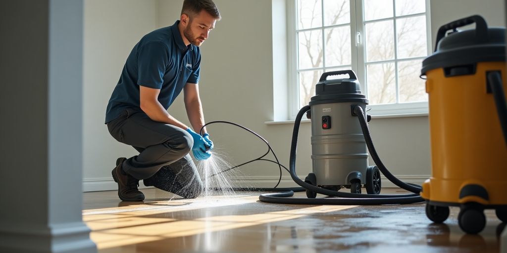 Technician examining water damage in a home.