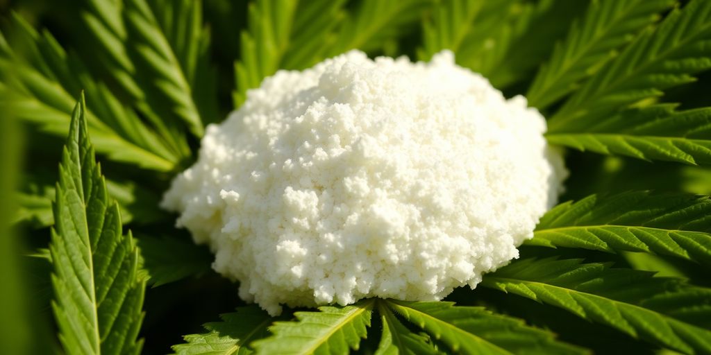 Crystalline CBD isolate with green hemp leaves background.