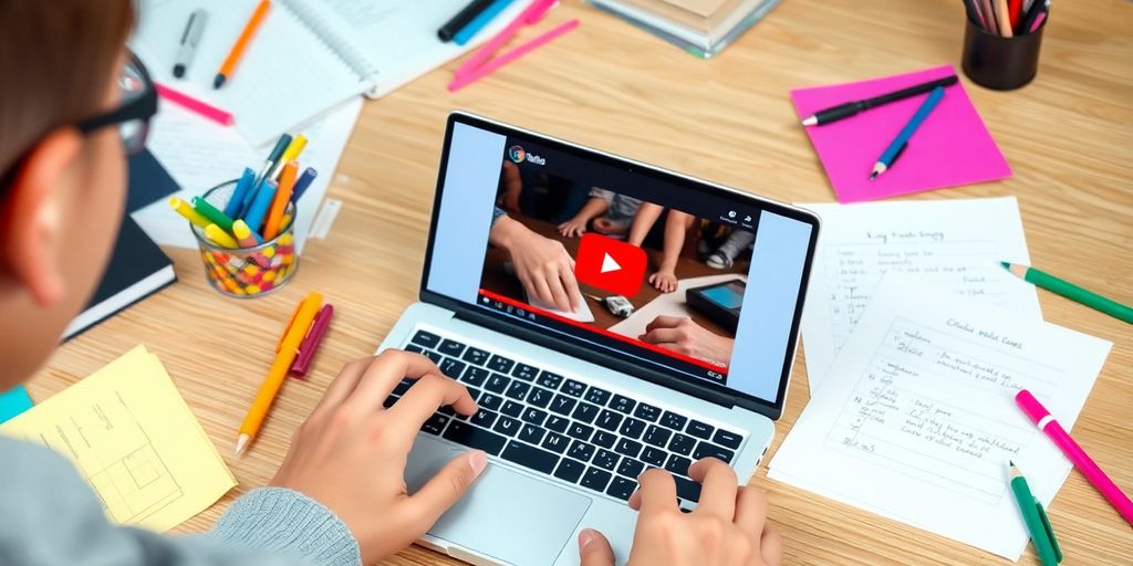Student studying with laptop and colorful notes.