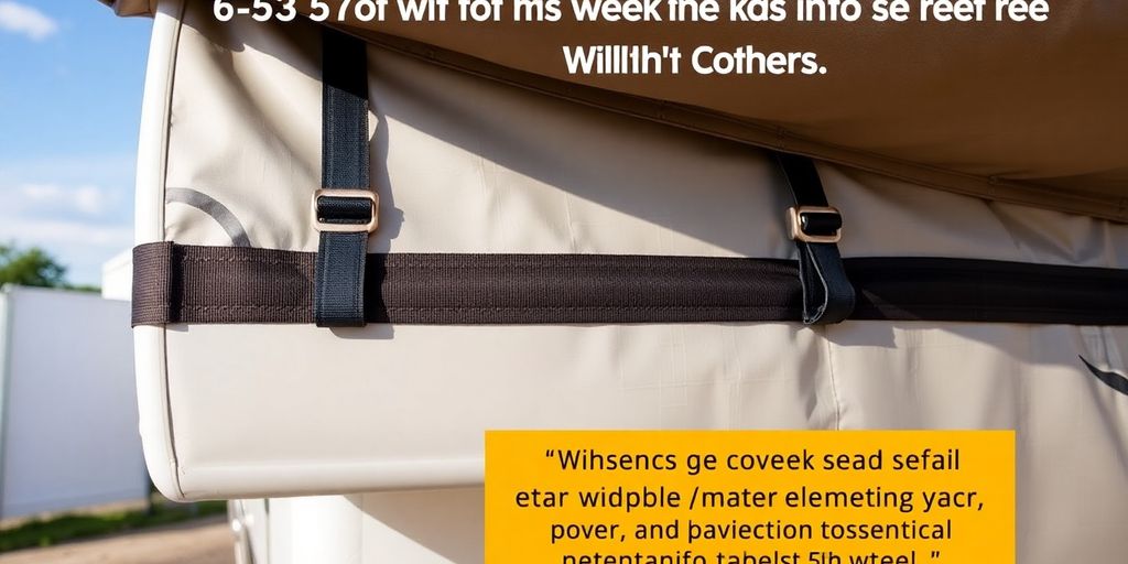 5th wheel RV cover with windproof straps outdoors.