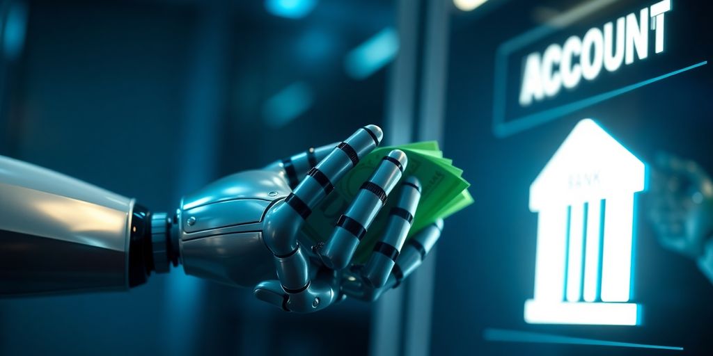 Robot arm depositing cash into a bank account.