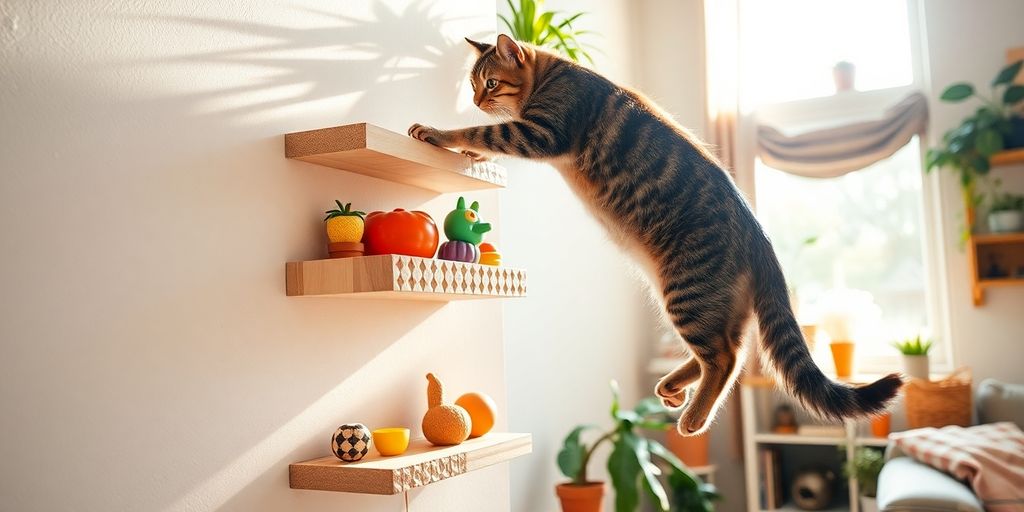 A cat climbing on a vertical wall shelf.