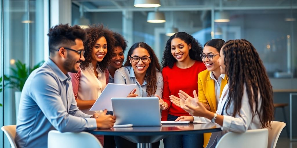Diverse professionals collaborating in a dynamic sales meeting.
