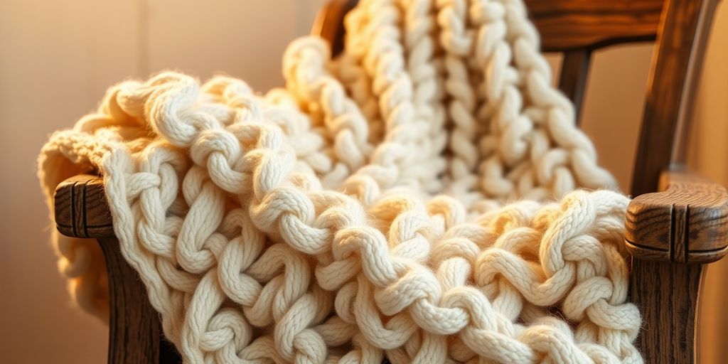 Cozy, chunky knit blanket draped over a wooden chair.