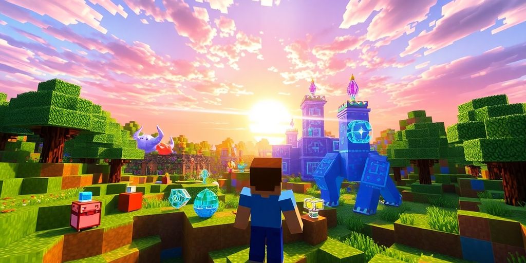 Player and AI creatures in a colorful Minecraft landscape.