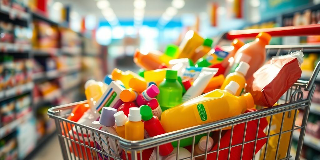 Shopping cart full of colorful products outdoors.