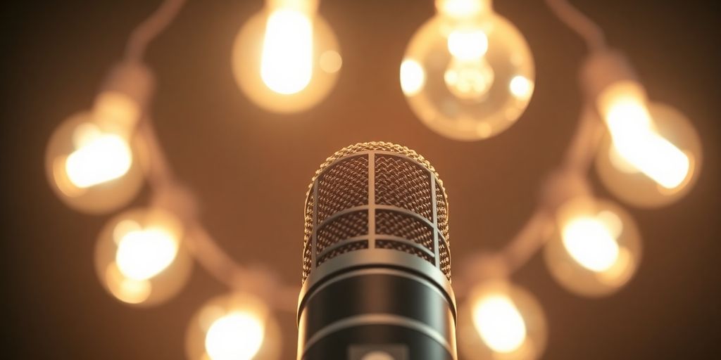Podcast microphone with lightbulbs illuminating creative title ideas.