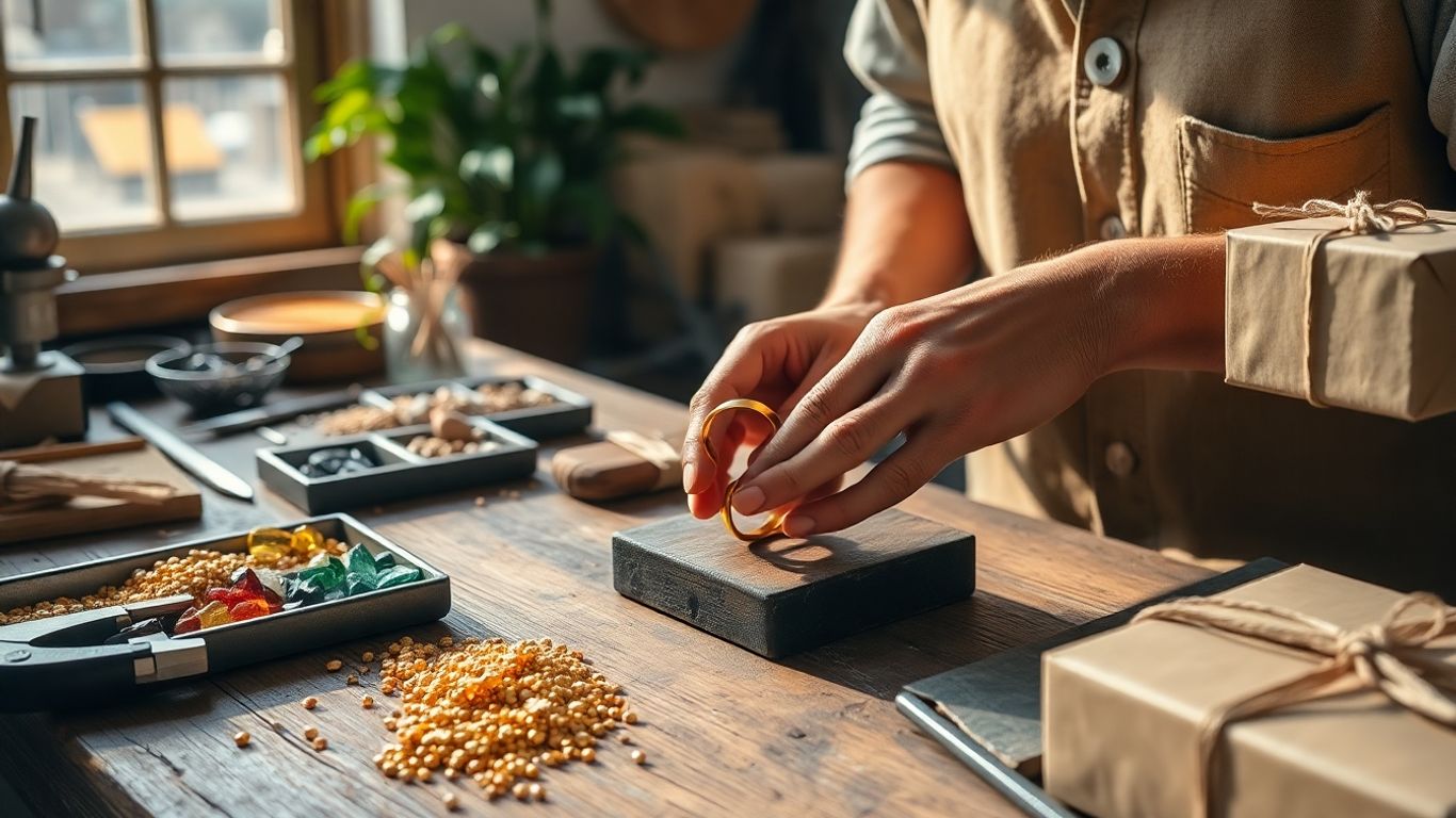 工匠在照明工作台上抛光回收的金戒指