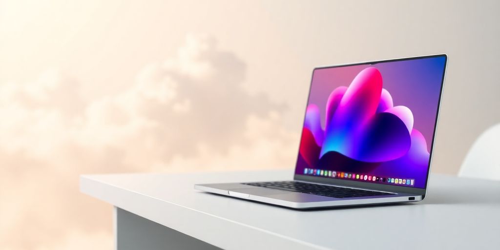 Laptop on desk with cloud background in neutral tones.