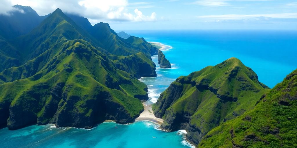 Lush green mountains meet turquoise Pacific waters on Hiva Oa.