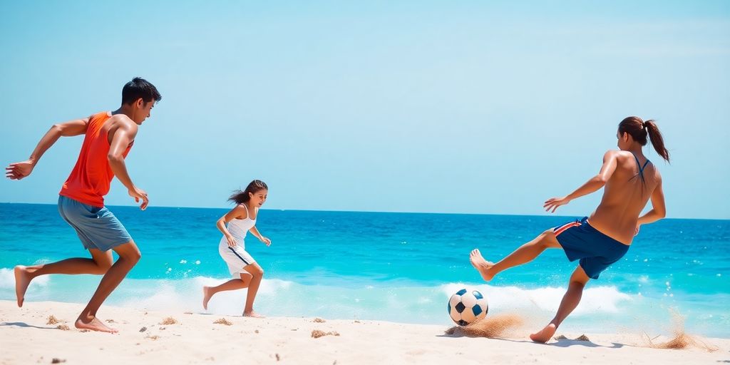 Beach soccer players competing on a sunny day.