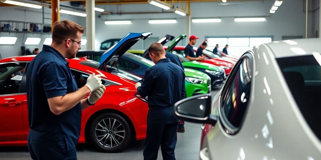 Technicians painting cars in a colorful automotive workshop.