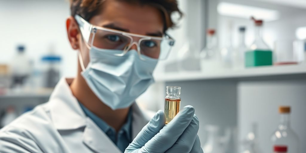 Forensic chemist in lab, analyzing evidence.