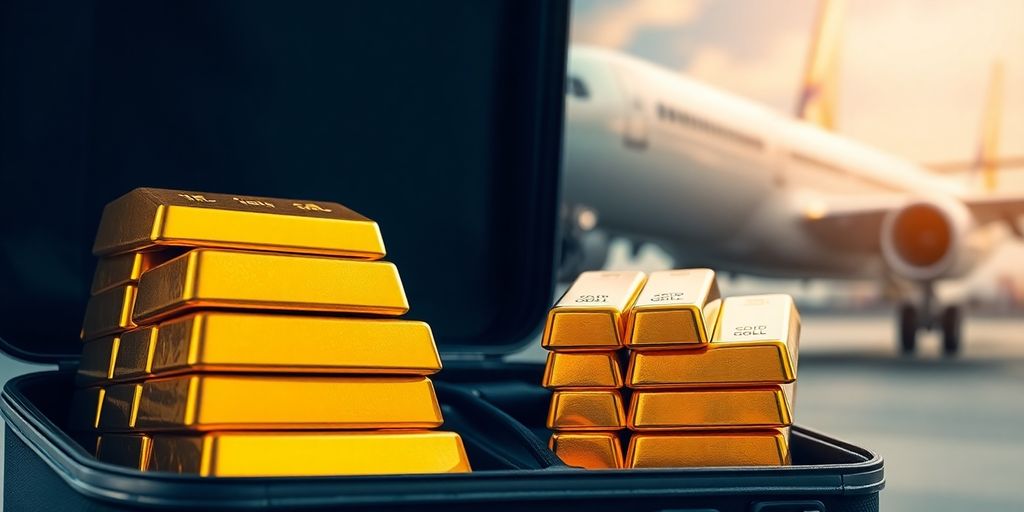 Barres d'or dans une valise avec un avion en arrière-plan.