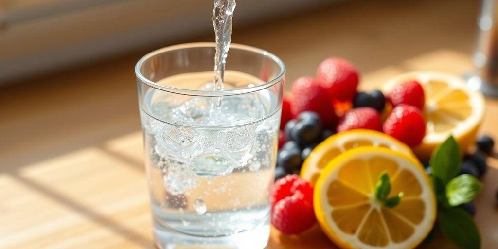 Sparkling water pours into glass, fresh fruit nearby.