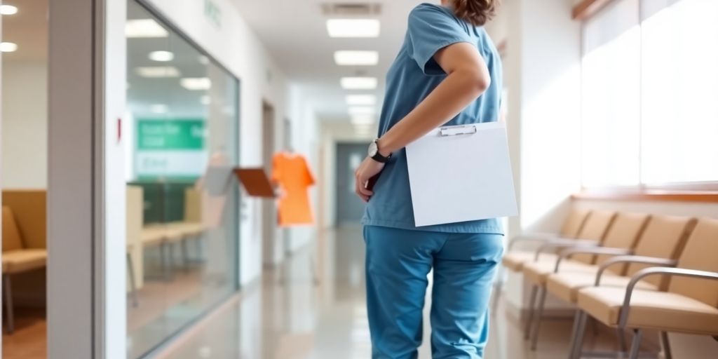 Private hospital hallway, blurred clinic in background.