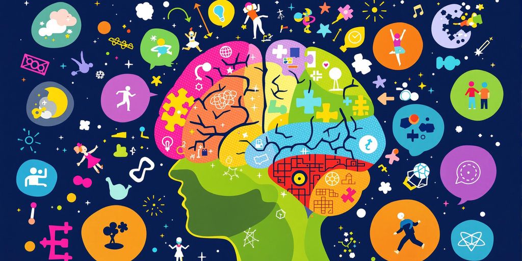 Colorful brain with dynamic shapes illustrating neurobic activities.