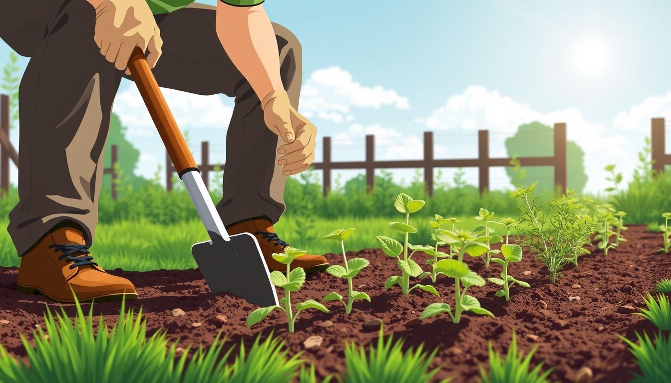 Gardener preparing garden bed with tools and plants.