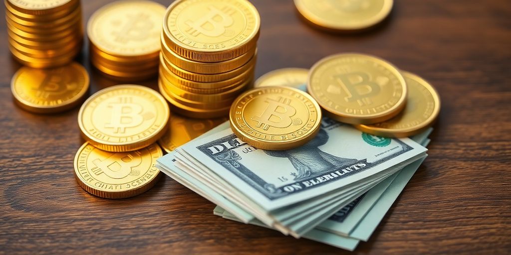 Pièces d'or et billets sur une table en bois.