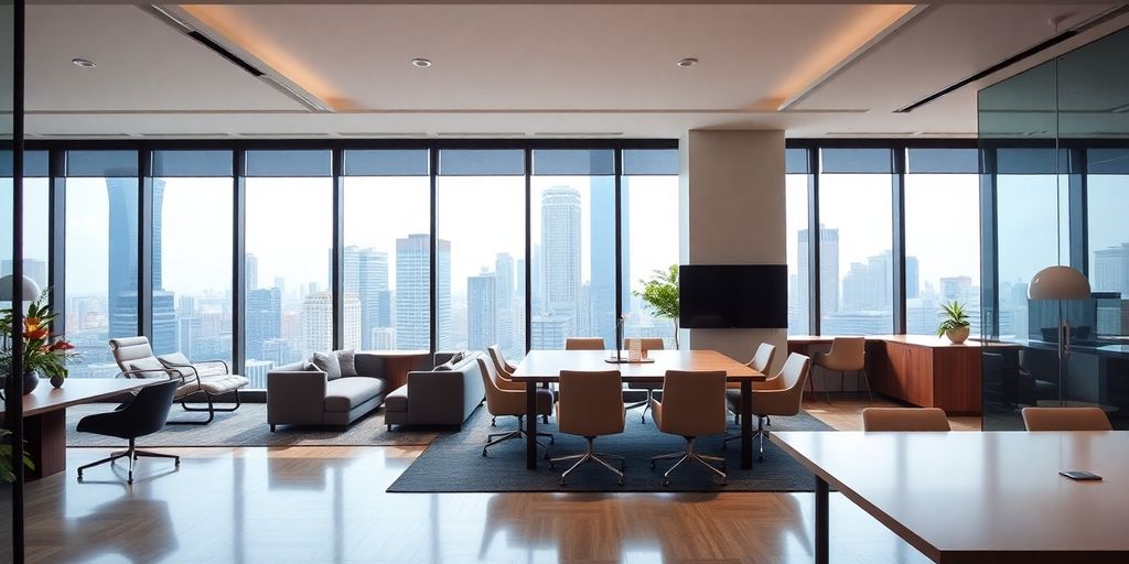 Modern office interior in Jakarta with city views.