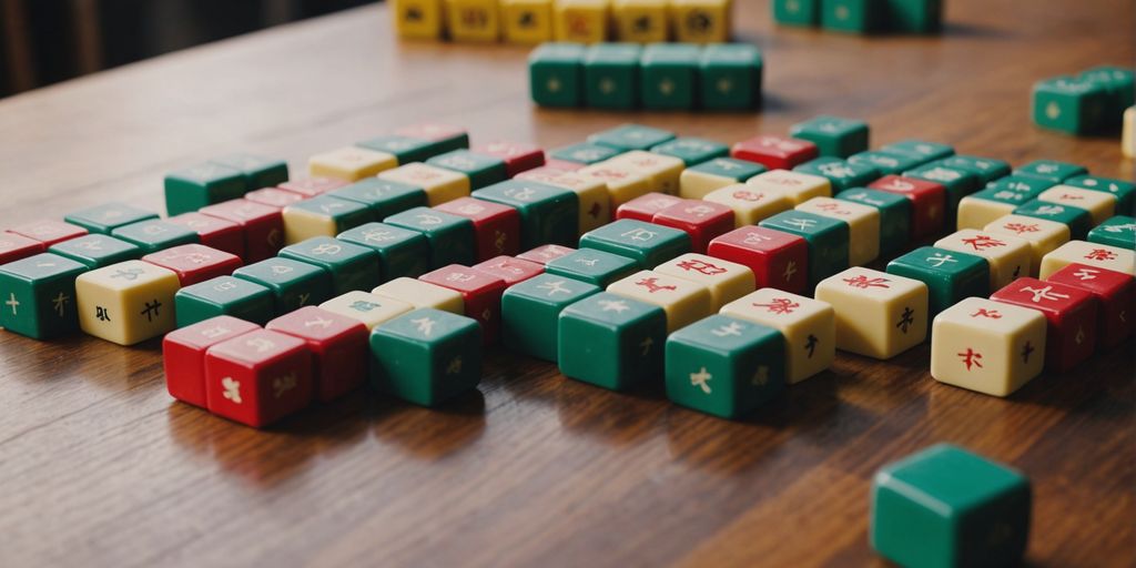 Mahjong tiles on a wooden table, ready for play.