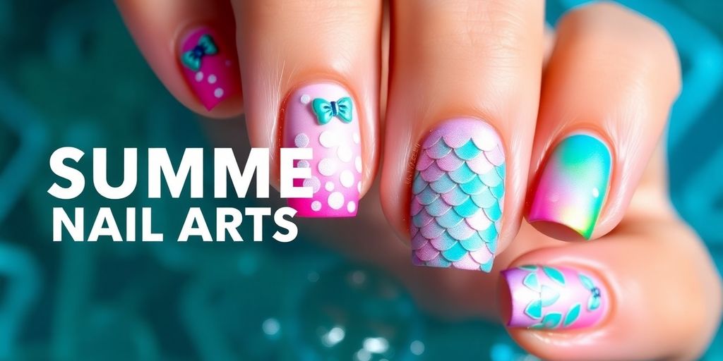 Unhas decoradas em cores vibrantes de sereia para verão.