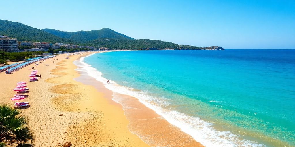 Faliraki Beach with golden sands and turquoise waters.